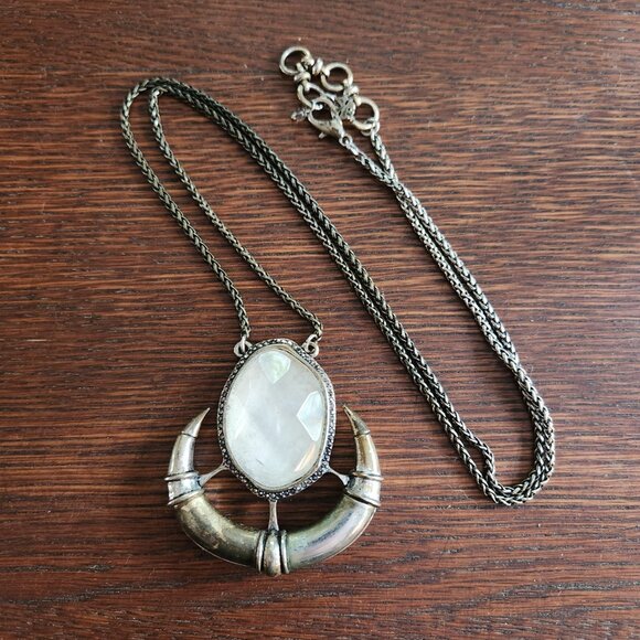 Lucky Brand Necklace Moonstone Hammered Gold Tone Warrior Horn Statement Pendant - Picture 1 of 7